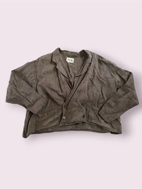 FLAX Linen Blazer Jacket Women's Size M Brown Button Minimalist Crop Boxy Boho